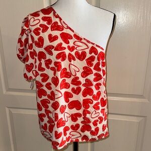 Red Heart Print One-Shoulder Top - Size Large